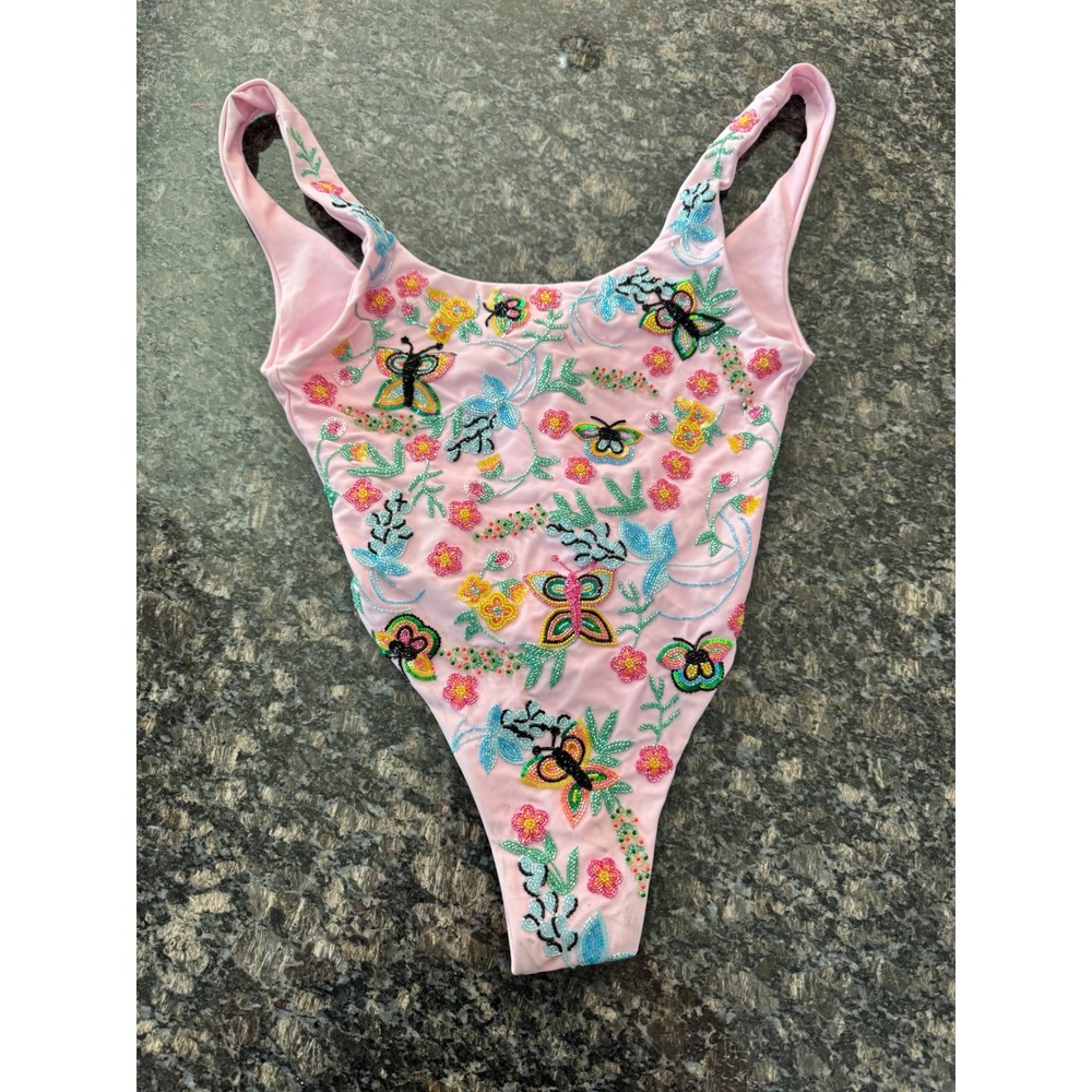 $416 Oceanus Alabama Pink Beaded Butterfly Floral One Piece Swimsuit Women S NWT - Picture 3 of 9